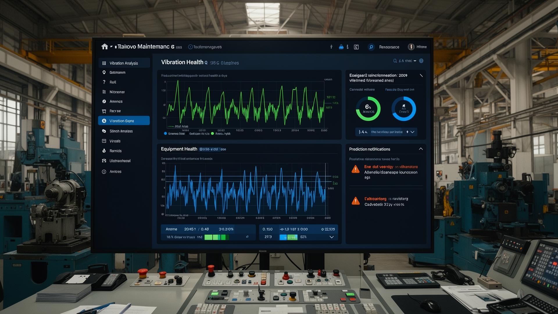 Condition monitoring dashboard showing vibration trends and alert history for rotating machinery