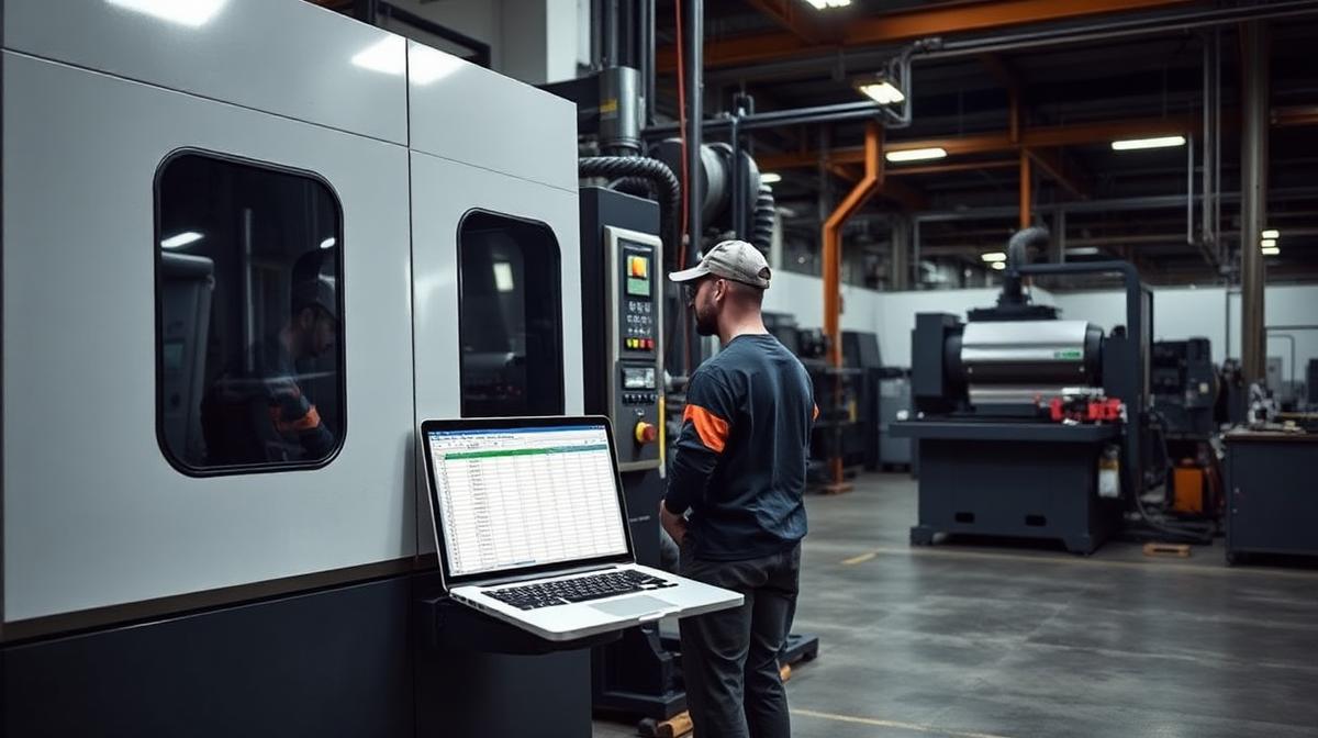 Factory worker standing next to advanced manufacturing machinery while tracking operations on an outdated Excel spreadsheet