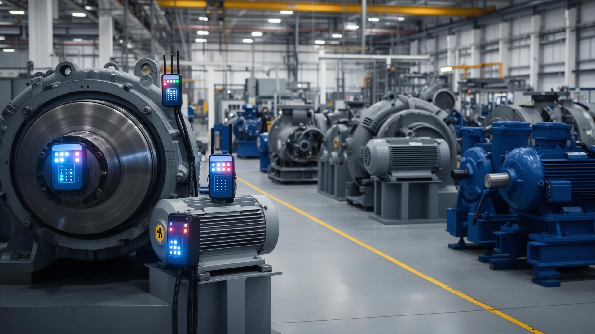 Industrial factory floor with IIoT sensors monitoring rotating machinery including motors, pumps, and compressors