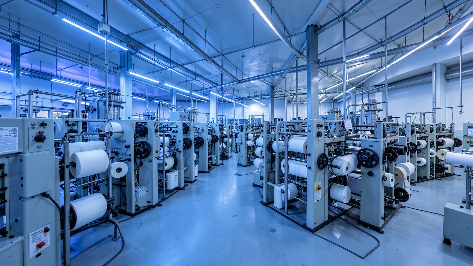 Textile mill floor with rows of spinning frames producing yarn